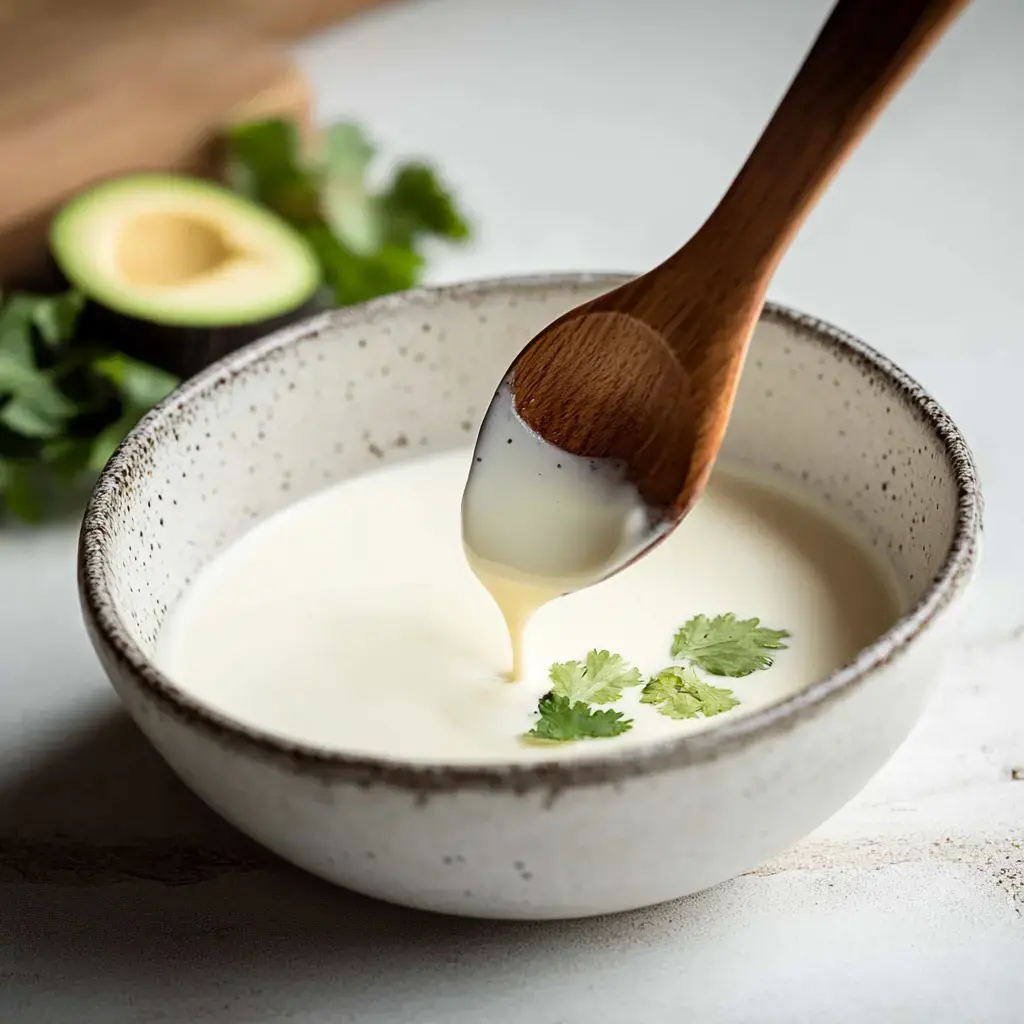Una cuchara de madera deja caer crema sobre un tazón adornado con cilantro fresco, con un aguacate y hierbas al fondo.