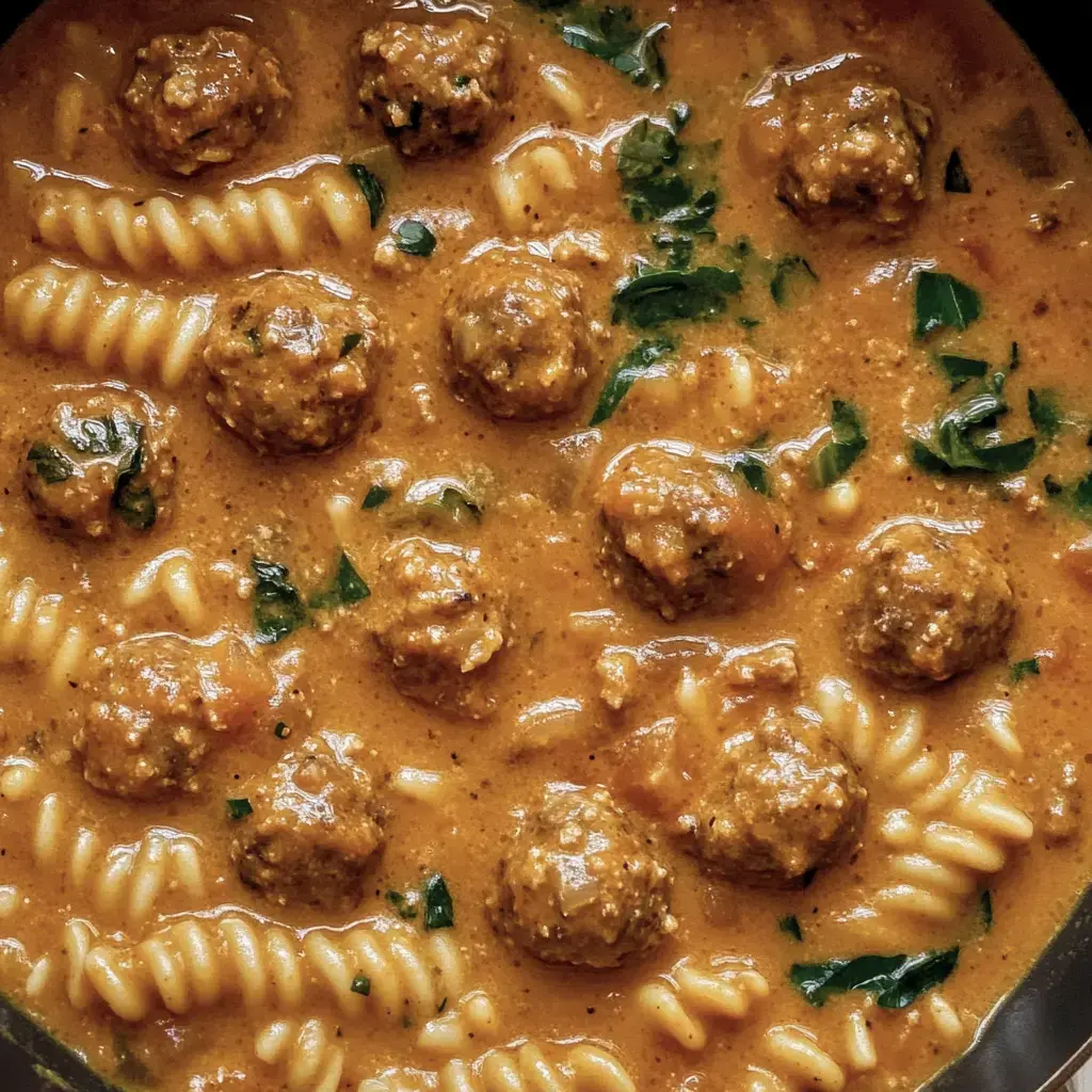 Un tazón de pasta con albóndigas en una salsa cremosa, adornado con hierbas.