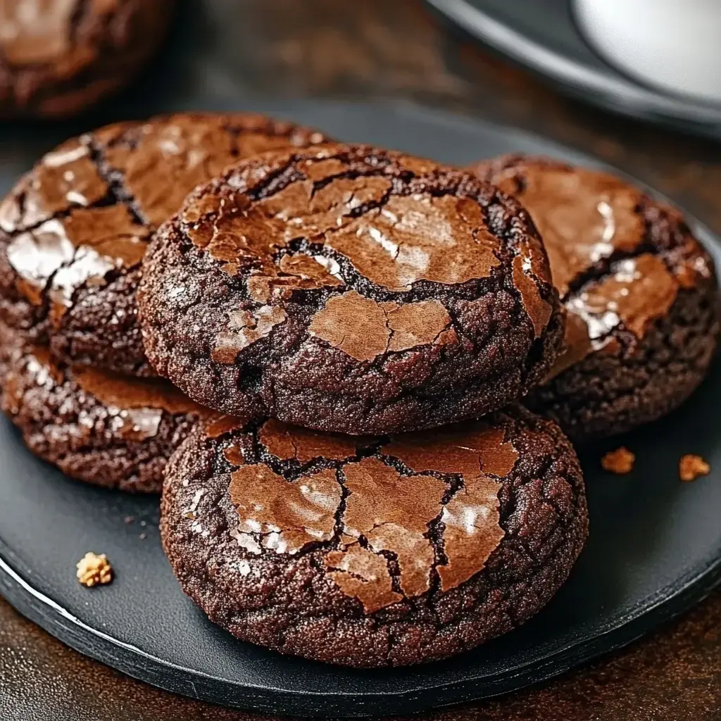 Una pila de galletas de chocolate con tapas brillantes en un plato negro.
