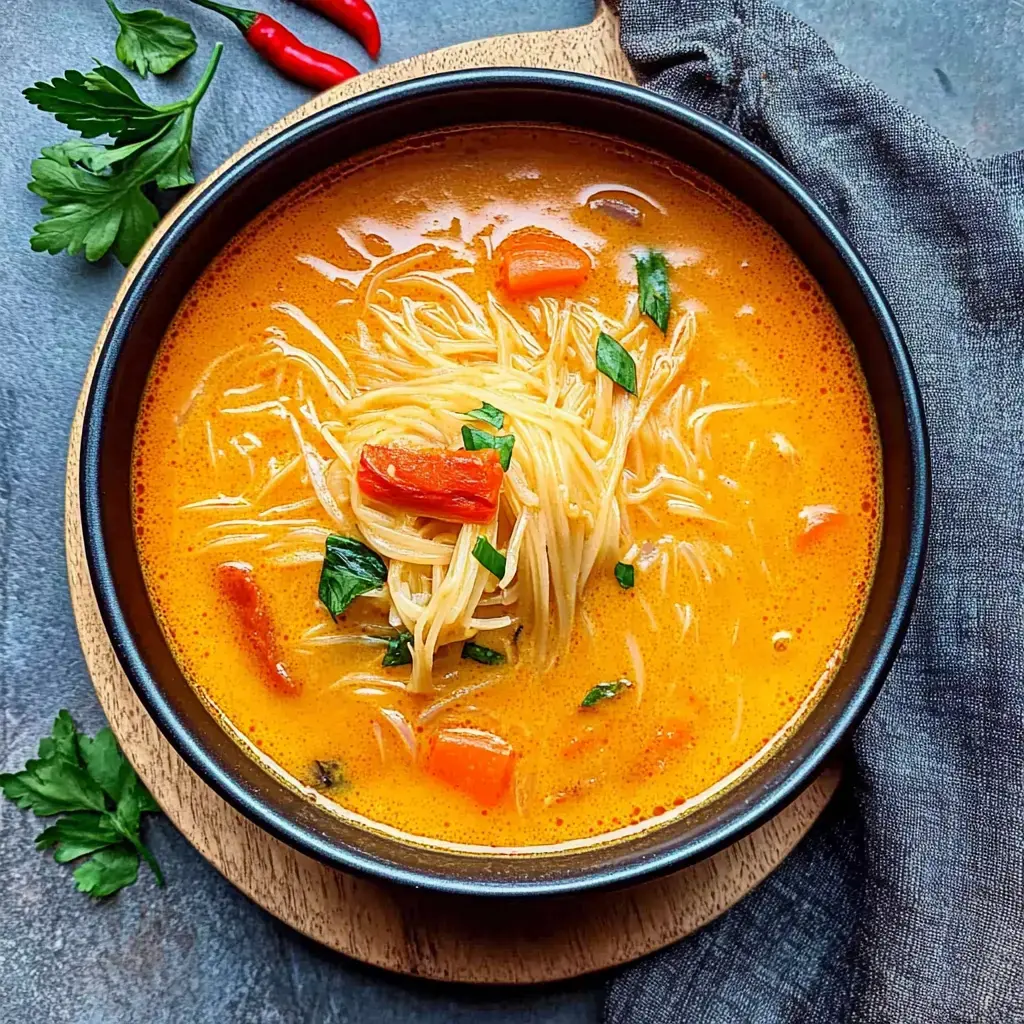 Un tazón de sopa cremosa naranja con fideos delgados, trozos de pimiento rojo y hierbas verdes, colocado sobre una superficie de madera.