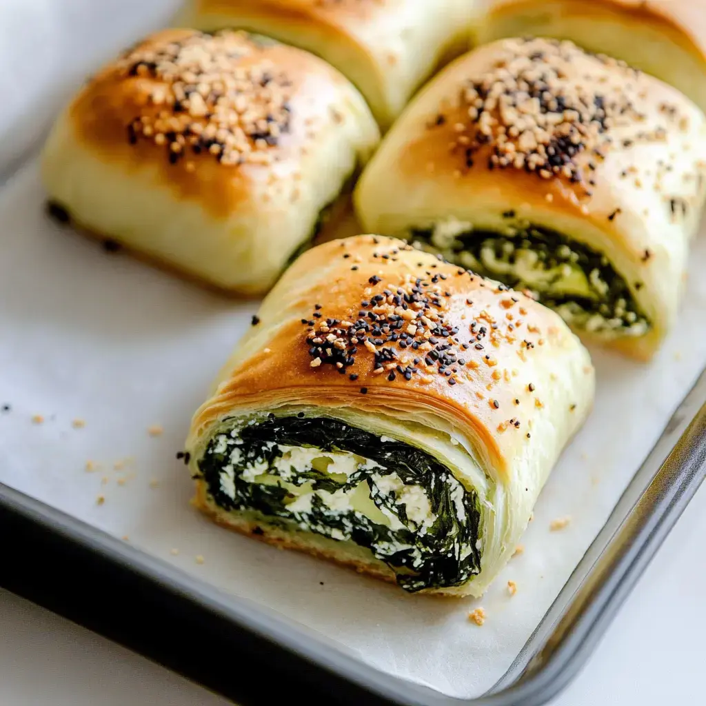 Un primer plano de rollos de hojaldre recién horneados rellenos de espinaca y queso, decorados con semillas de sésamo.