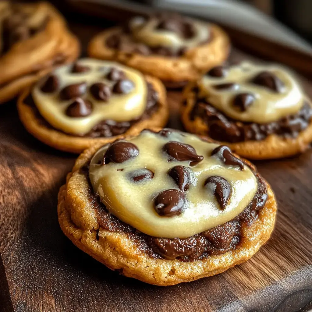 Un primer plano de galletas recién horneadas cubiertas con chocolate y trozos de masa, colocadas sobre una superficie de madera.