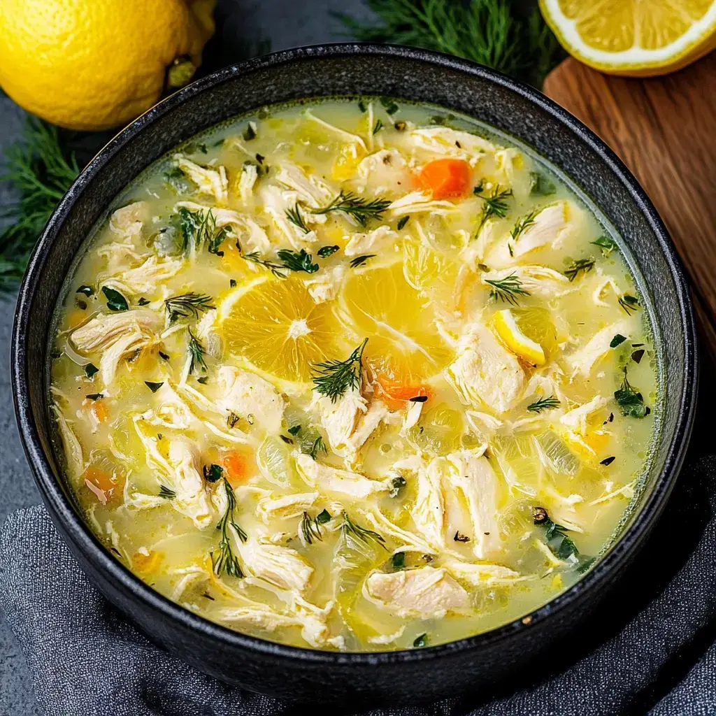 Un tazón de sopa de pollo al limón adornada con eneldo y rodajas de naranja, con limones frescos al fondo.