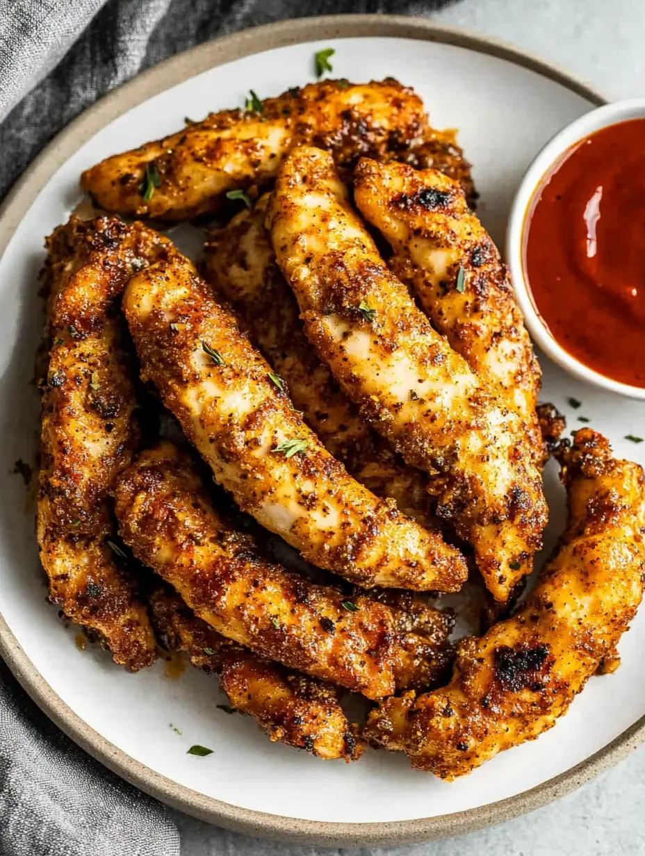 Un plato con tiras de pollo crujiente y condimentado acompañado de un pequeño bol de salsa.