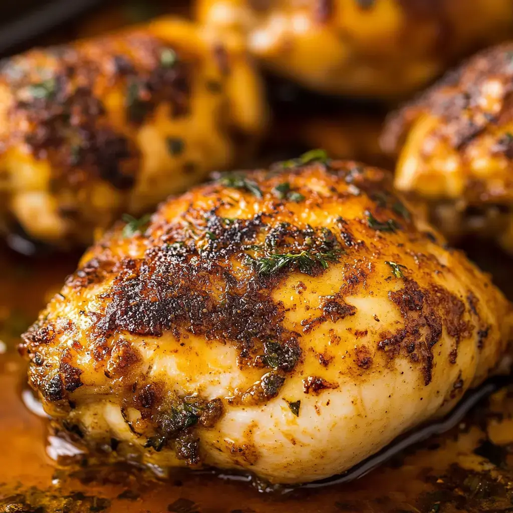 Un acercamiento de muslos de pollo perfectamente cocinados, sazonados con especias y hierbas, reposando en una salsa sabrosa.
