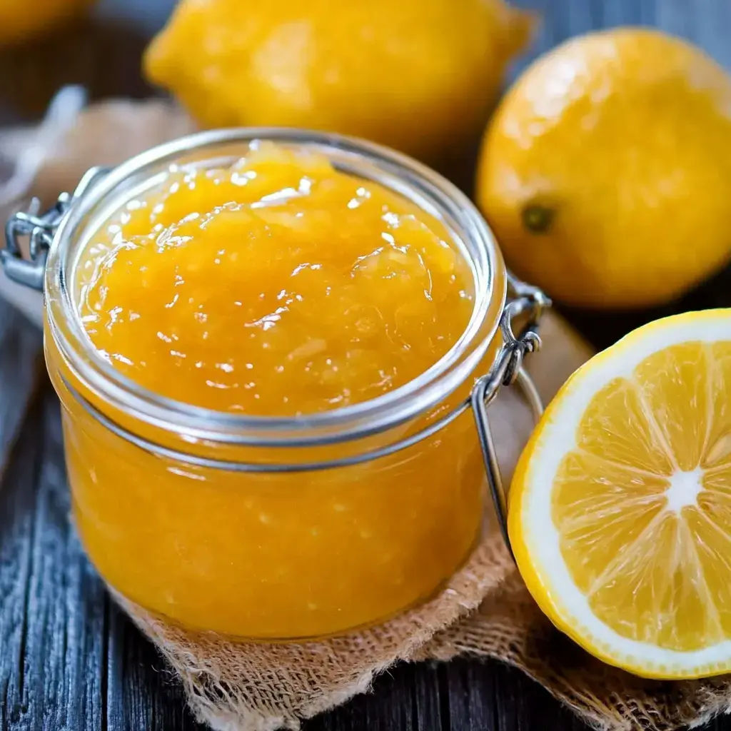 Un frasco de mermelada casera de limón junto a limones enteros y cortados sobre una superficie rústica.
