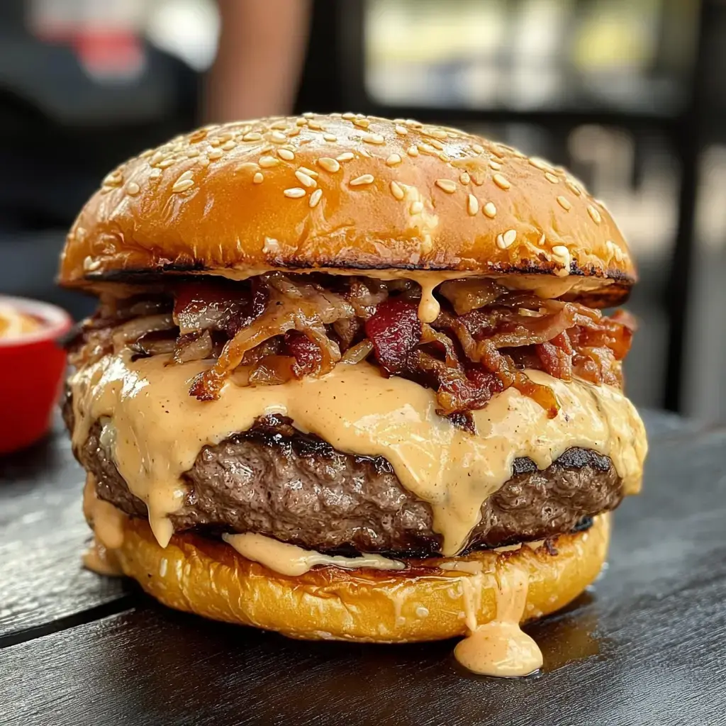 Hamburguesa jugosa con pan de ajonjolí, queso fundido, tocino crujiente y una salsa cremosa, sobre una mesa de madera.