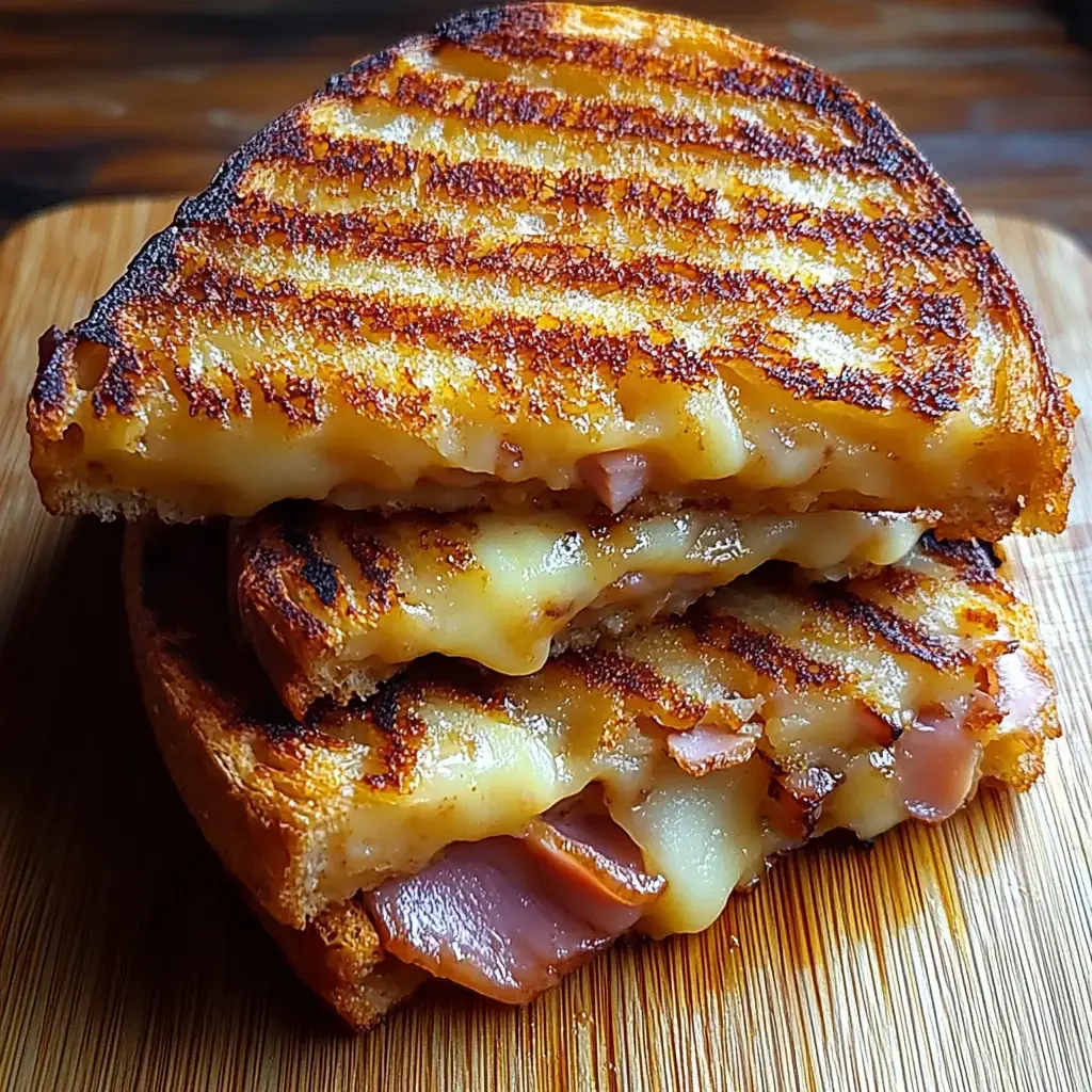 Primer plano de un sandwich apilado con queso derretido y jamón, sobre una tabla de madera.