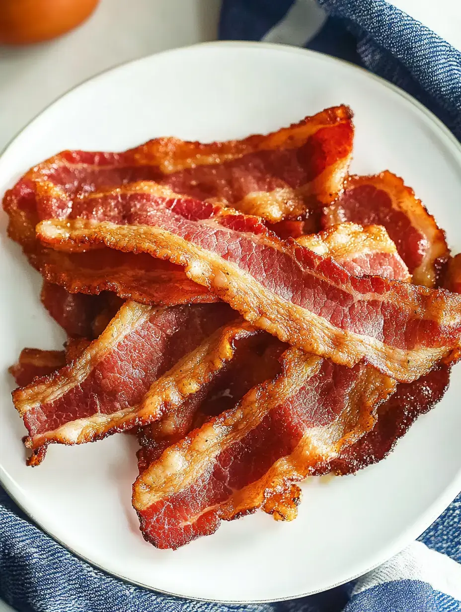 Un plato con tiras de tocino dorado y crujiente perfectamente acomodadas.