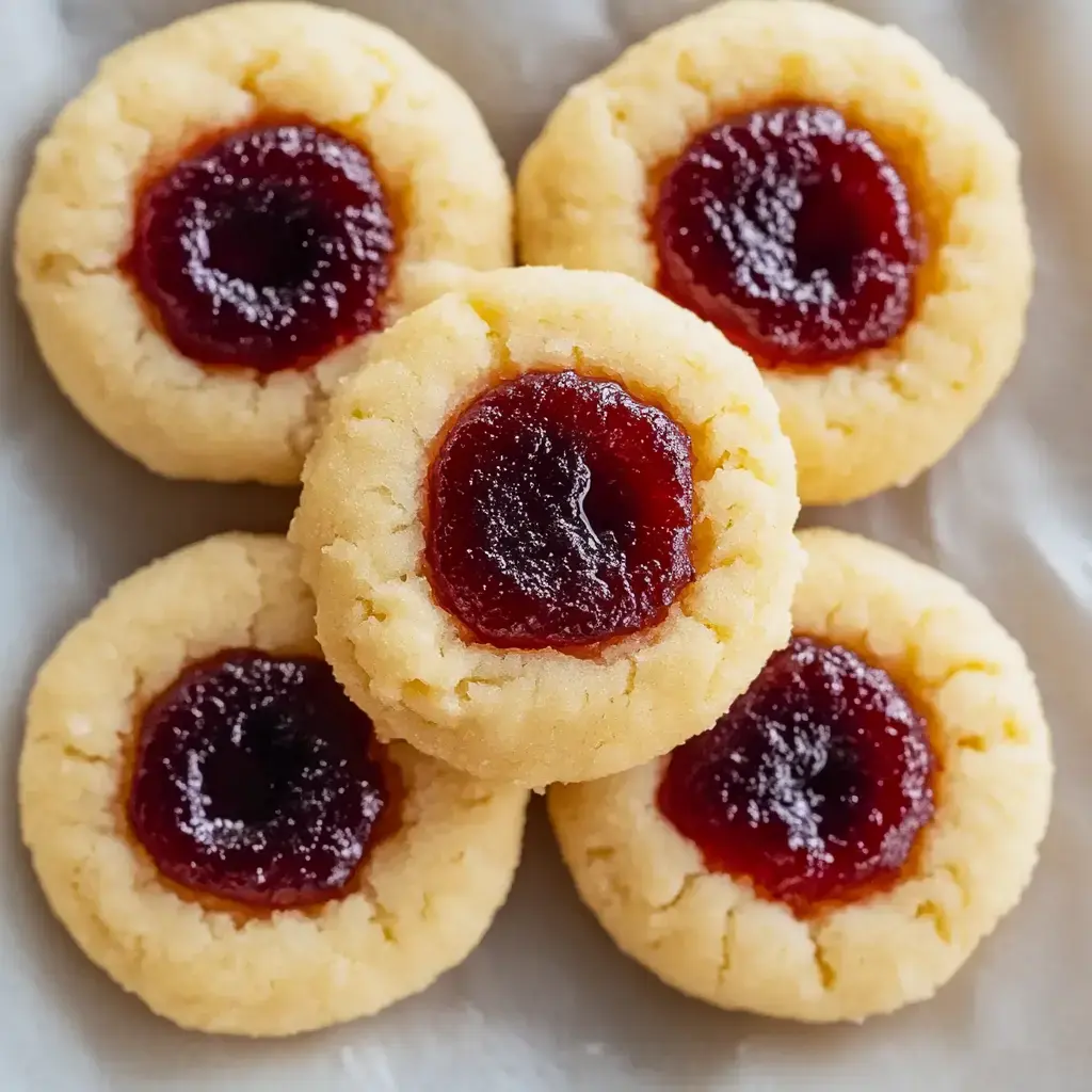 Primer plano de cinco galletas mantecosas con centro brillante de mermelada colocadas ordenadamente en una bandeja.