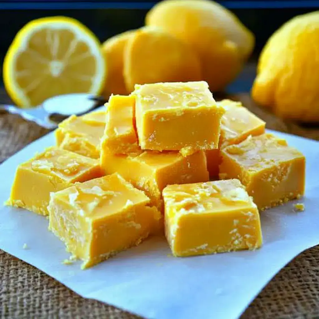 Una pila de cubos de fudge amarillo limón brillante está sobre papel pergamino, con limones enteros y una cuchara al fondo.