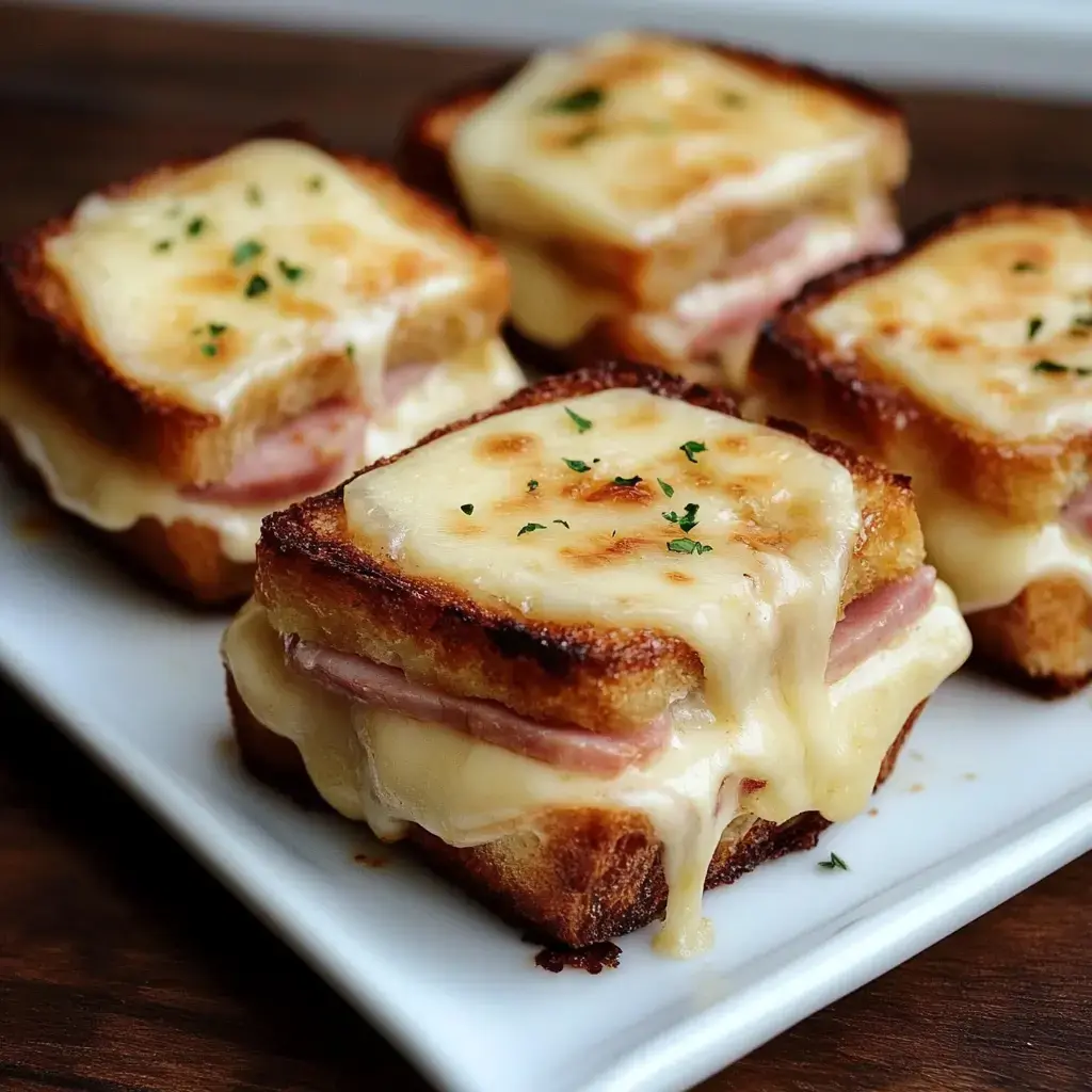 Un plato con sándwiches tostados, queso derretido y jamón, decorados con perejil.