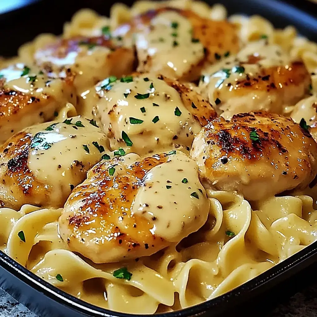 Un plato con trozos de pollo a la parrilla bañados en una salsa cremosa, servido sobre una cama de noodles de huevo y decorado con perejil fresco picado.