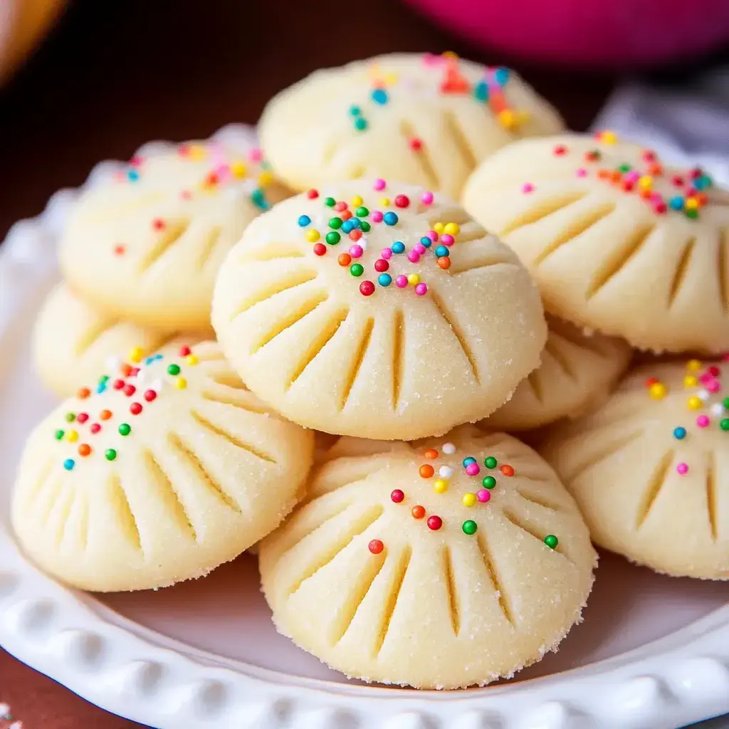 Un plato con galletas decoradas con chispas de colores.