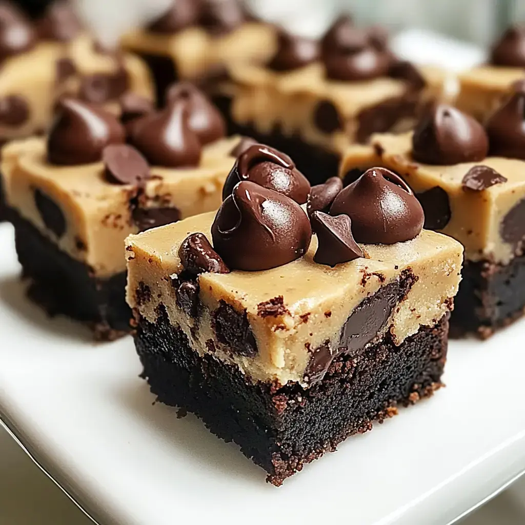 Un acercamiento de bocaditos de brownie cubiertos con masa de galleta y chispas de chocolate.