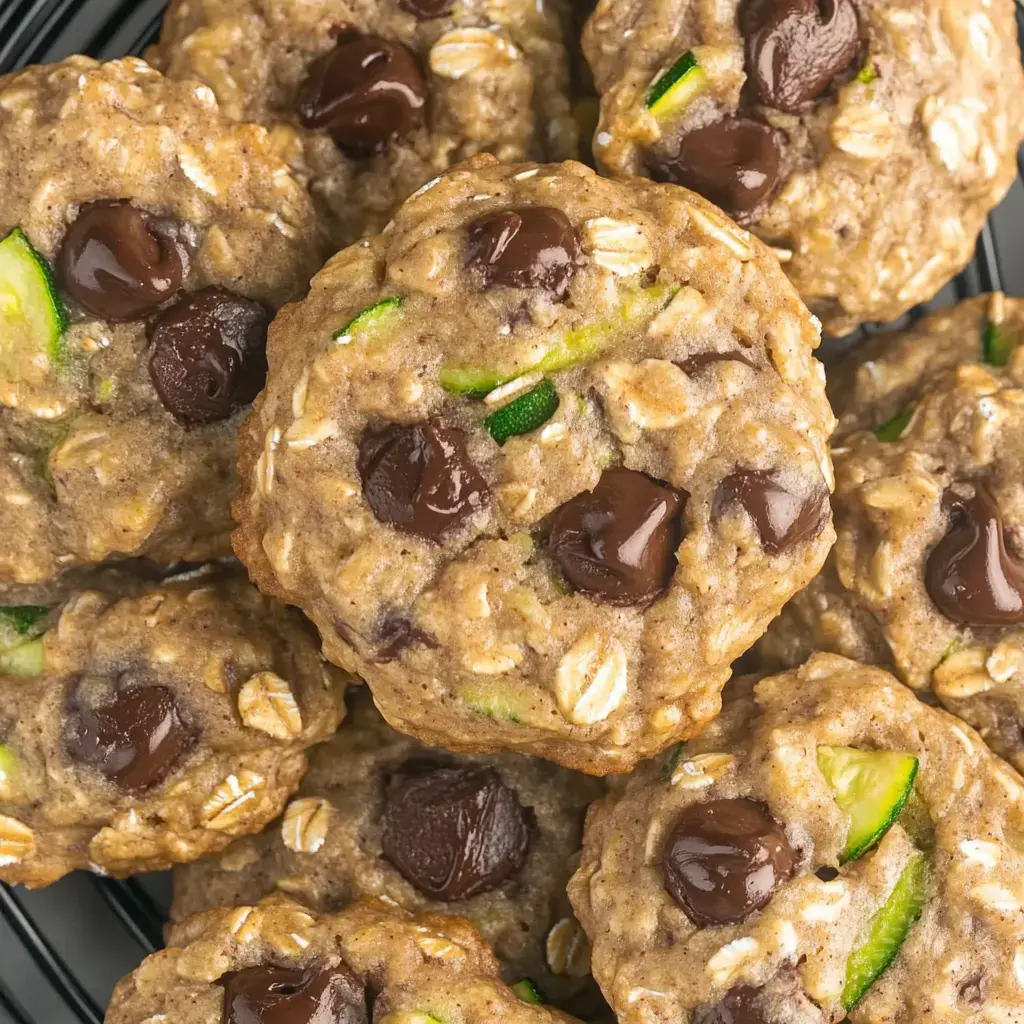 Un primer plano de galletas recién horneadas con chips de chocolate y trocitos verdes de calabacín en la masa.