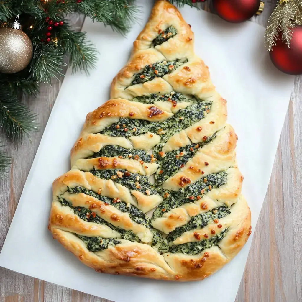 Un pan en espiral con forma de árbol de Navidad, relleno de una mezcla verde, con una corteza dorada y decoraciones pequeñas, colocado sobre una superficie blanca junto a adornos festivos.