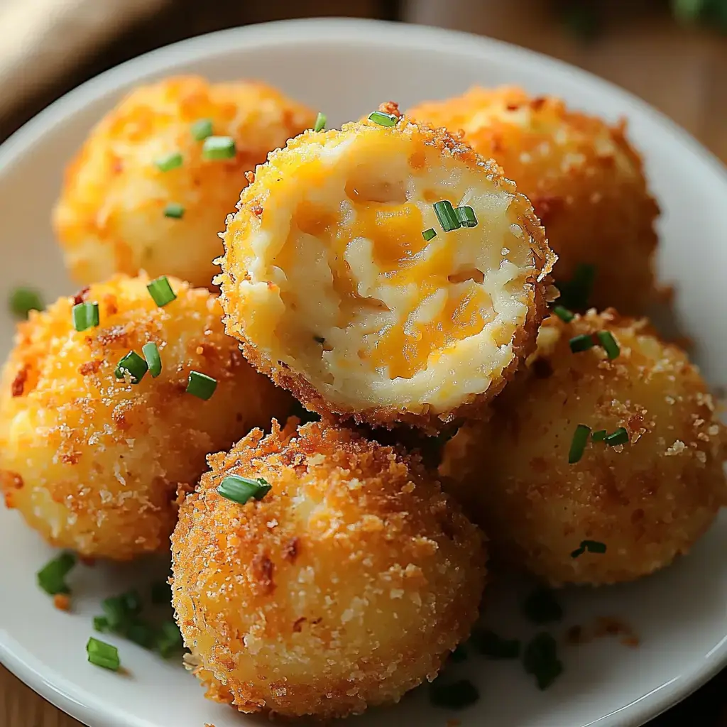 Un plato de bolas de queso empanizadas y doradas, con una partida mostrando un relleno cremoso de queso por dentro.
