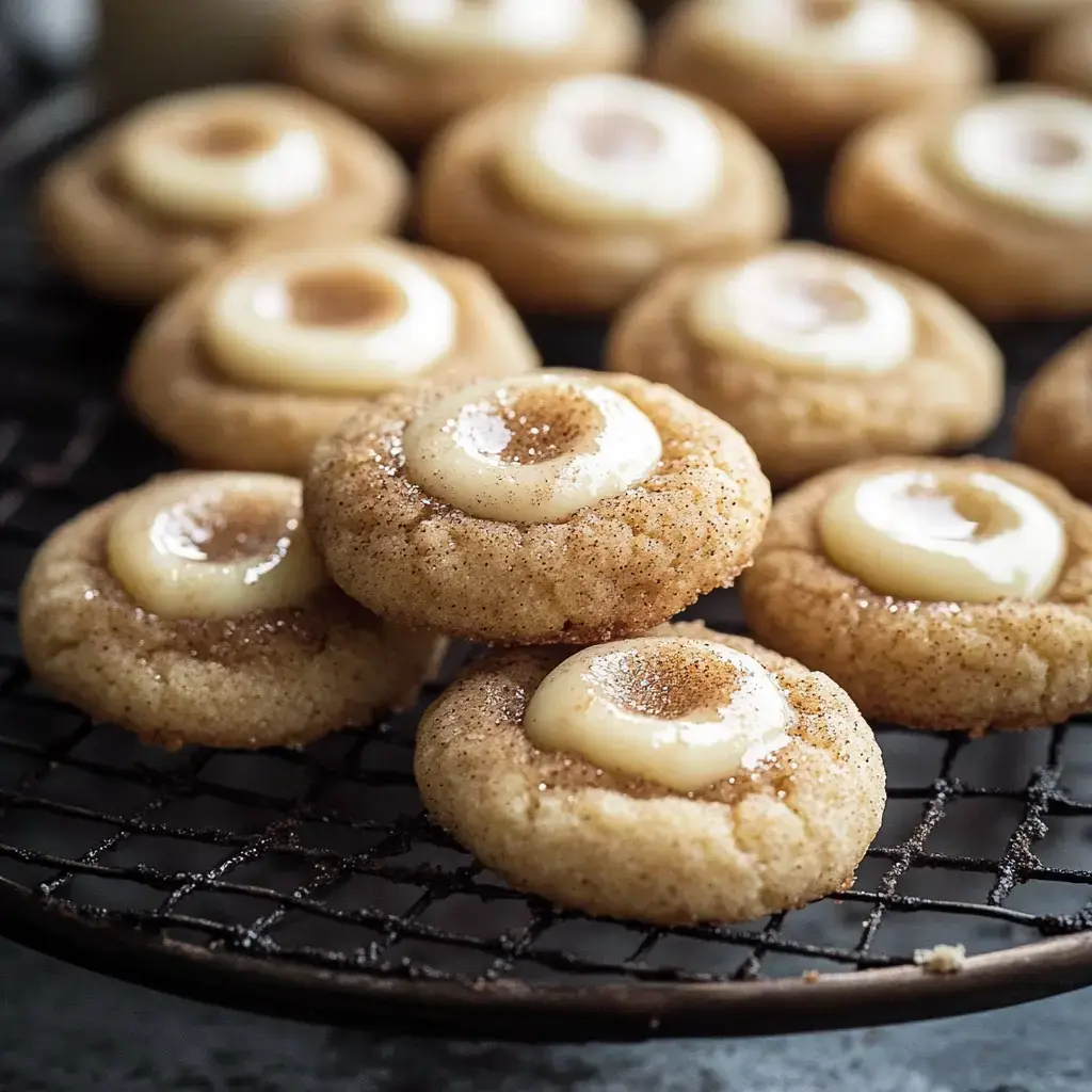 Una vista cercana de una rejilla con varias galletas de canela y azúcar, decoradas con un relleno cremoso.