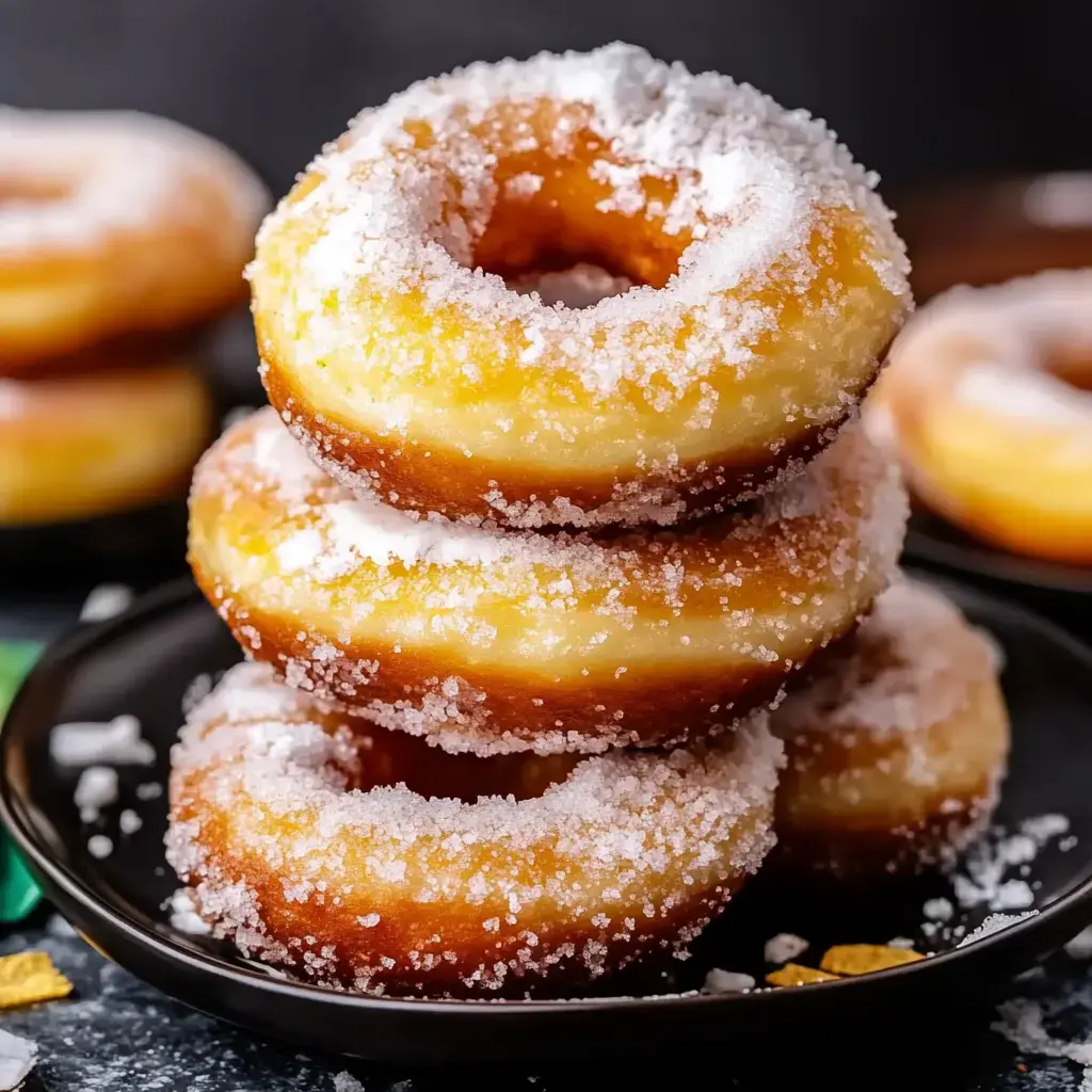 Un plato negro con cuatro donas cubiertas de azúcar apiladas, con algunas donas visibles de fondo.