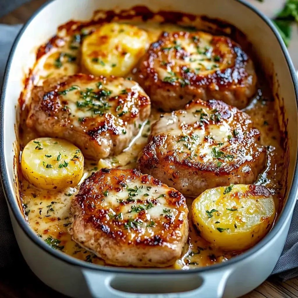Un plato de chuletas de cerdo doradas y papas cortadas en una salsa cremosa, decorado con hierbas y servido en una fuente redonda.