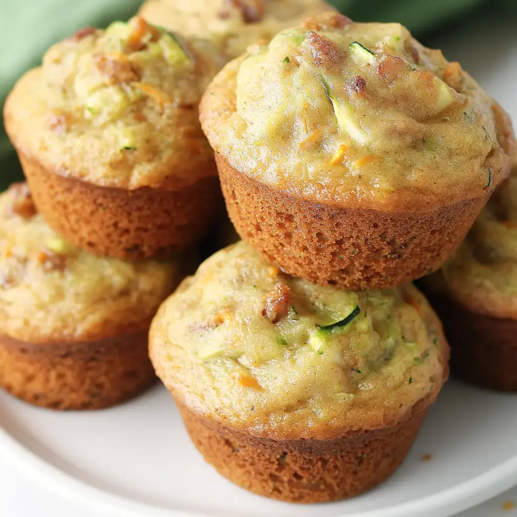 Un conjunto de muffins recién horneados, con superficie dorada y trozos visibles de verduras, servidos en un plato blanco.