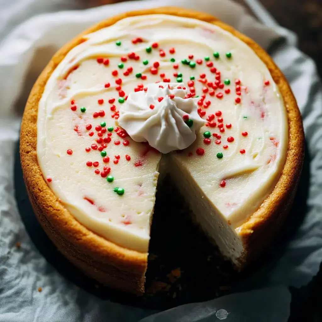 Un cheesecake decorado con chispas rojas y verdes y crema batida, con una rebanada cortada.