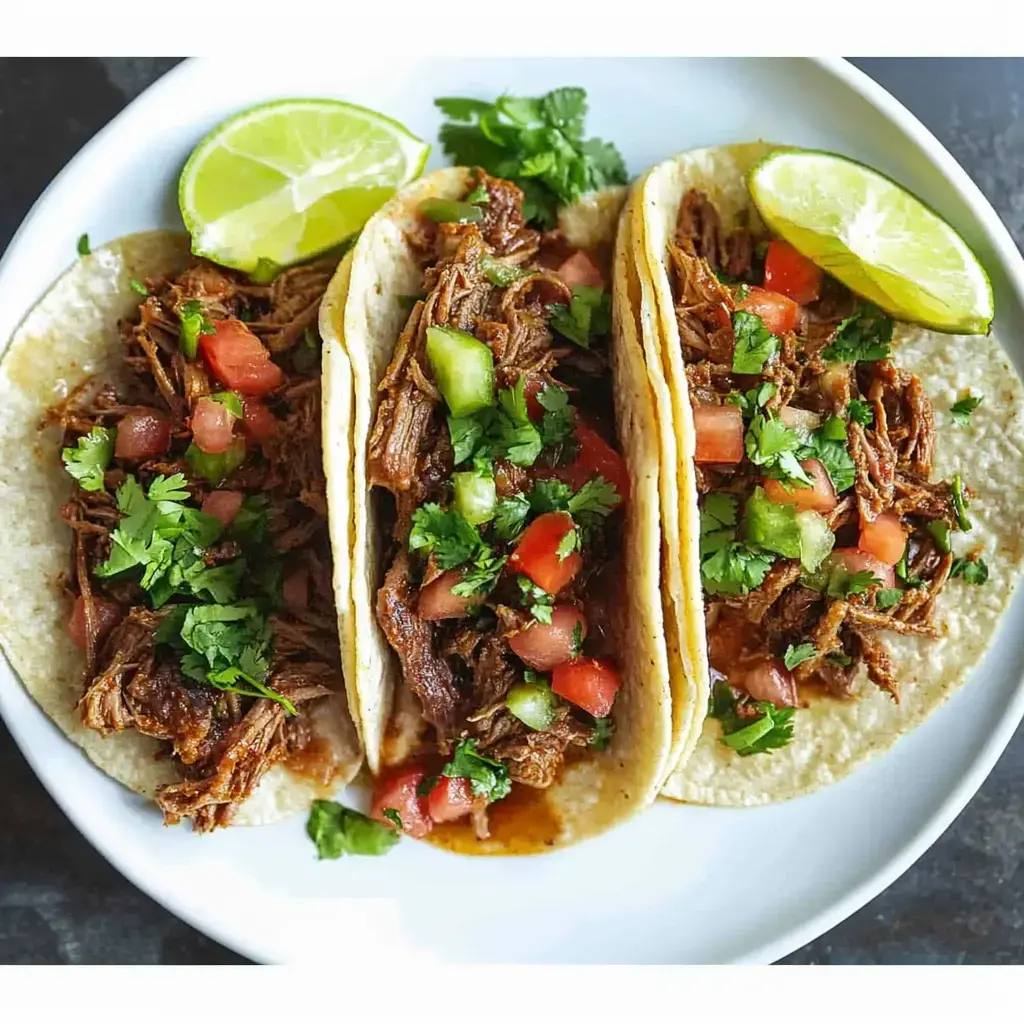 Tres tacos con carne deshebrada, tomates picados, cilantro fresco y acompañados de rodajas de limón en un plato blanco.