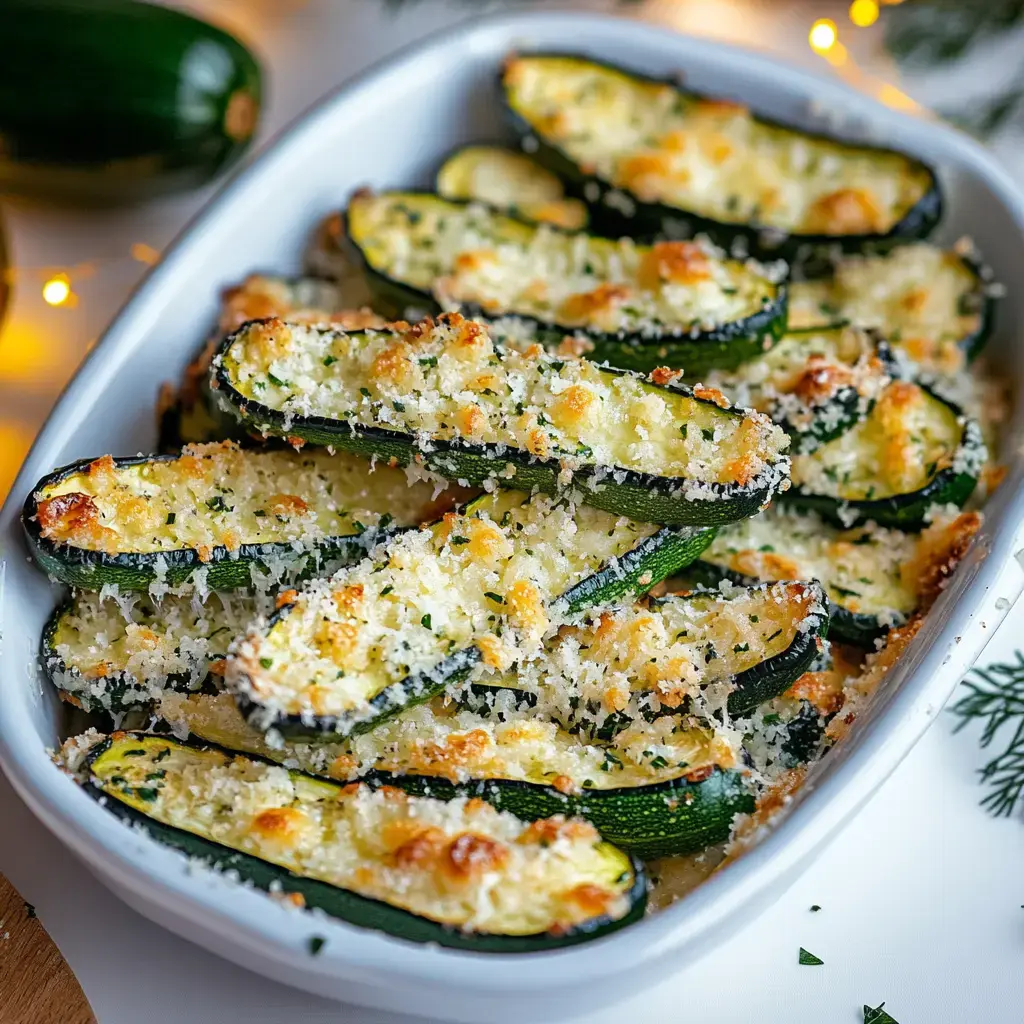 Un plato blanco lleno de mitades de calabacines al horno con costra dorada y hierbas.