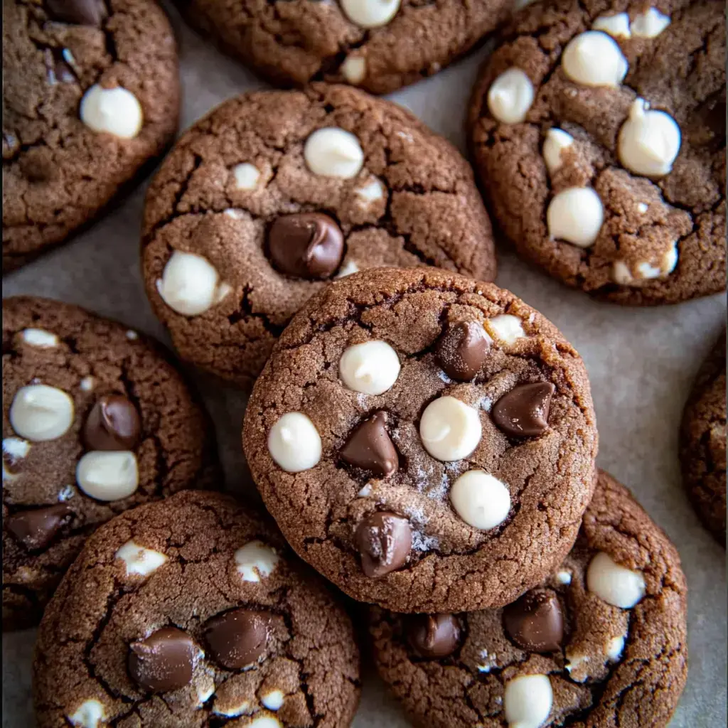 Vista cercana de galletas recién horneadas con chispas de chocolate blanco y oscuro.
