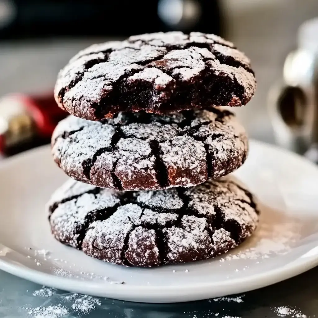 Tres galletas crujientes de chocolate con azúcar glas apiladas en un plato blanco.