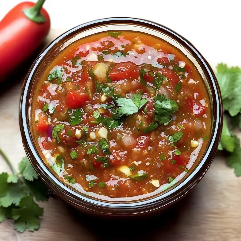 Un frasco de vidrio lleno de vibrante salsa, decorado con cilantro fresco, acompañado de un chile rojo y hojas de cilantro.