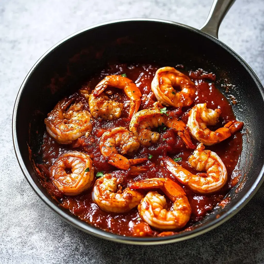 Una sartén llena de camarones cocinados en una rica salsa roja adornada con hierbas.
