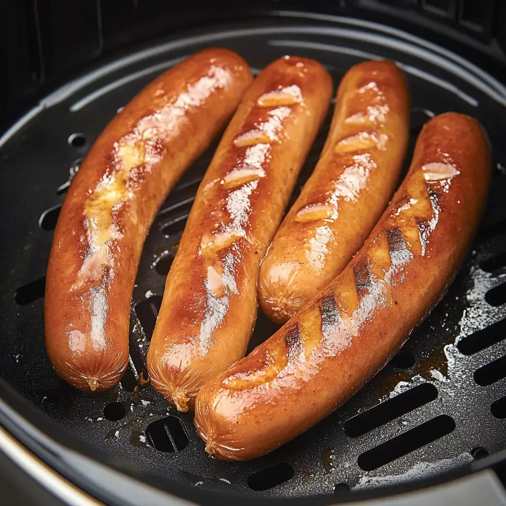 Cuatro salchichas doradas colocadas en una canasta de freidora.