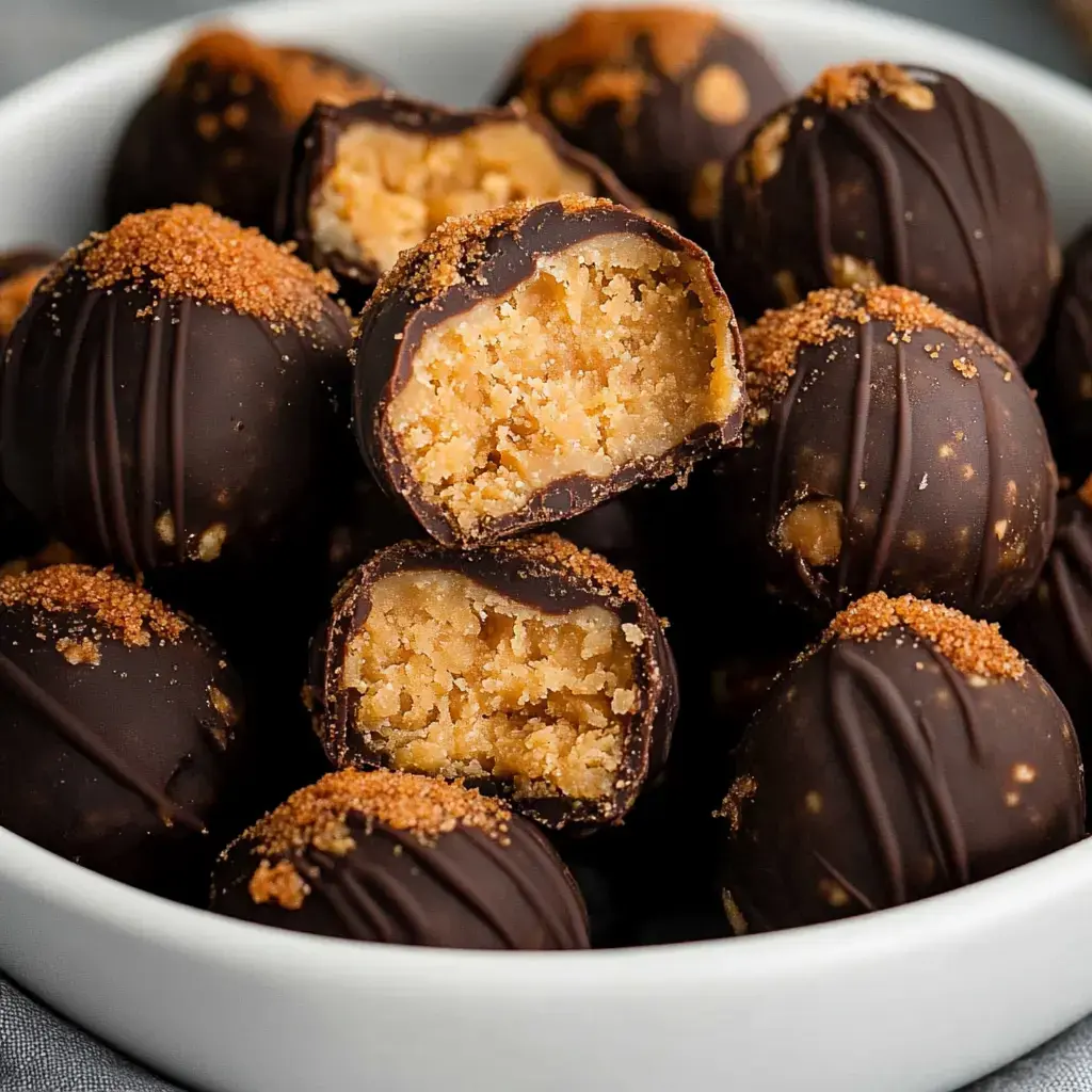 Un primer plano de bolitas recubiertas de chocolate, con un relleno triturado y cremoso, algunas abiertas para mostrar su interior.