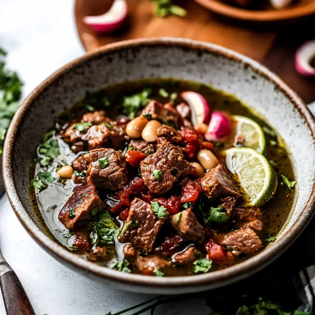 Un plato de guiso sabroso con carne, frijoles, tomates y decorado con cilantro y rodajas de limón.
