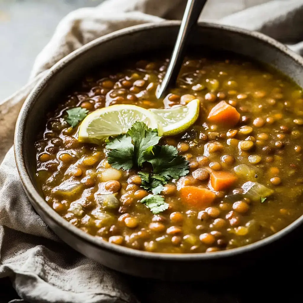 Un bowl de sopa de lentejas decorado con rodajas de limón y cilantro fresco.