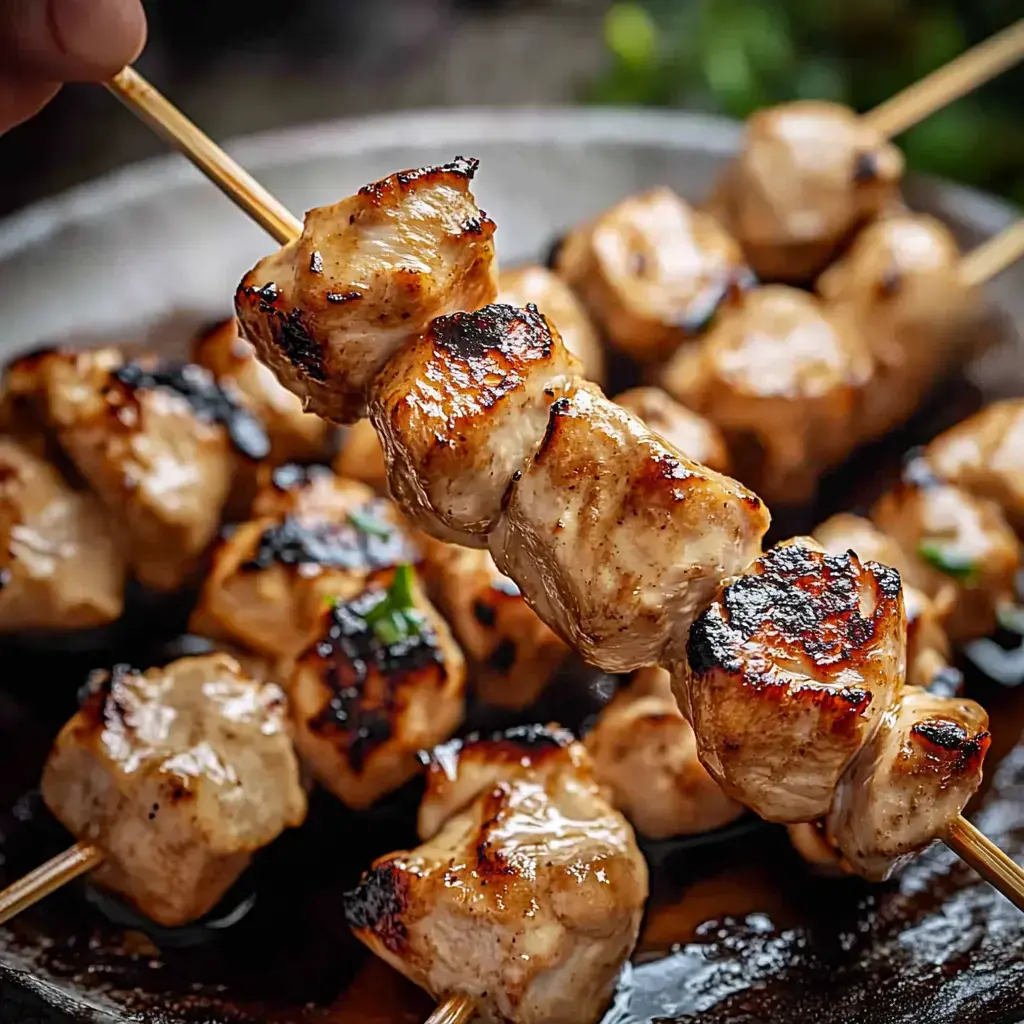 Una imagen cercana de brochetas de pollo a la parrilla, con una brocheta levantada sobre un plato lleno con más brochetas.