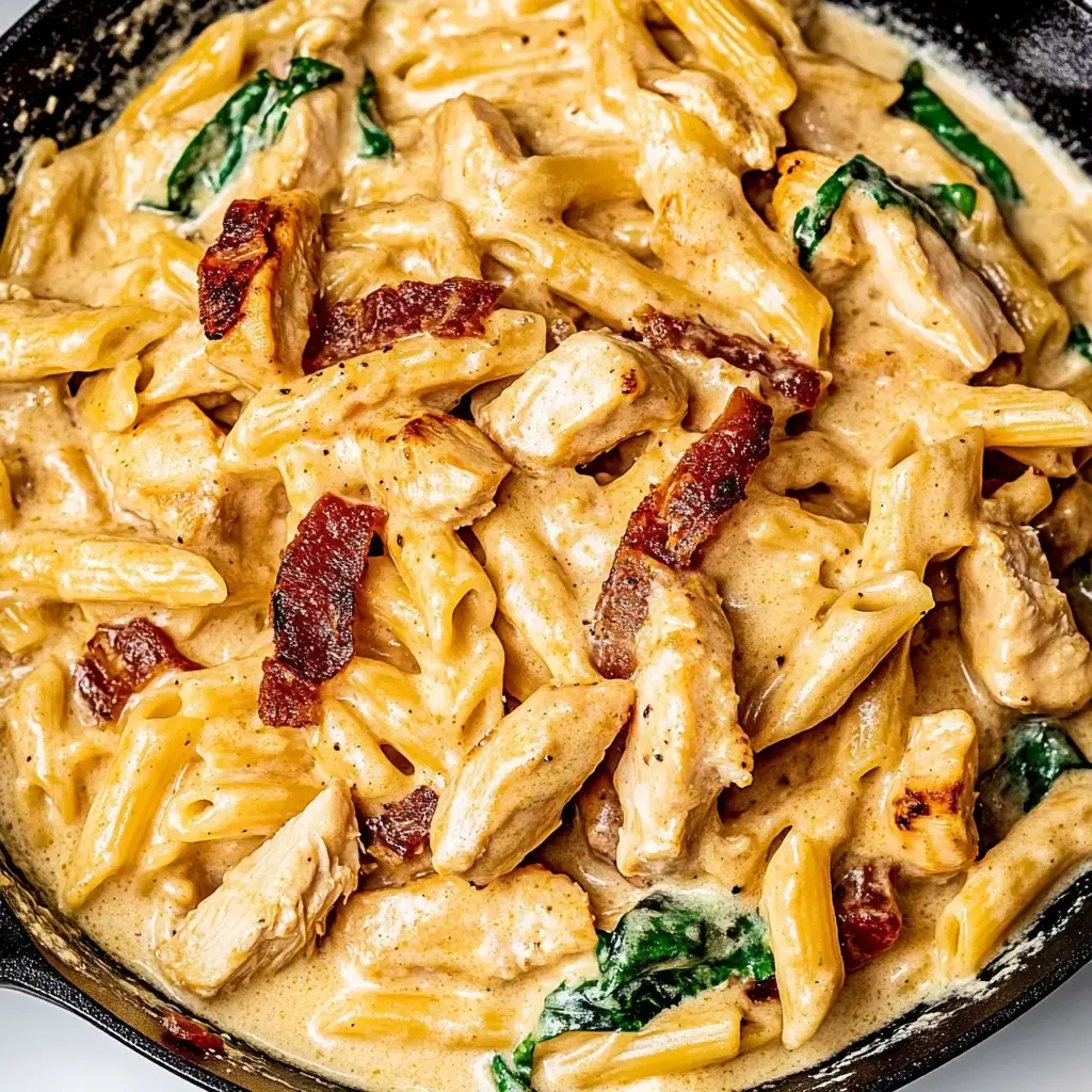 Un plato cremoso con penne, trozos de pollo, tocino crujiente y espinacas.