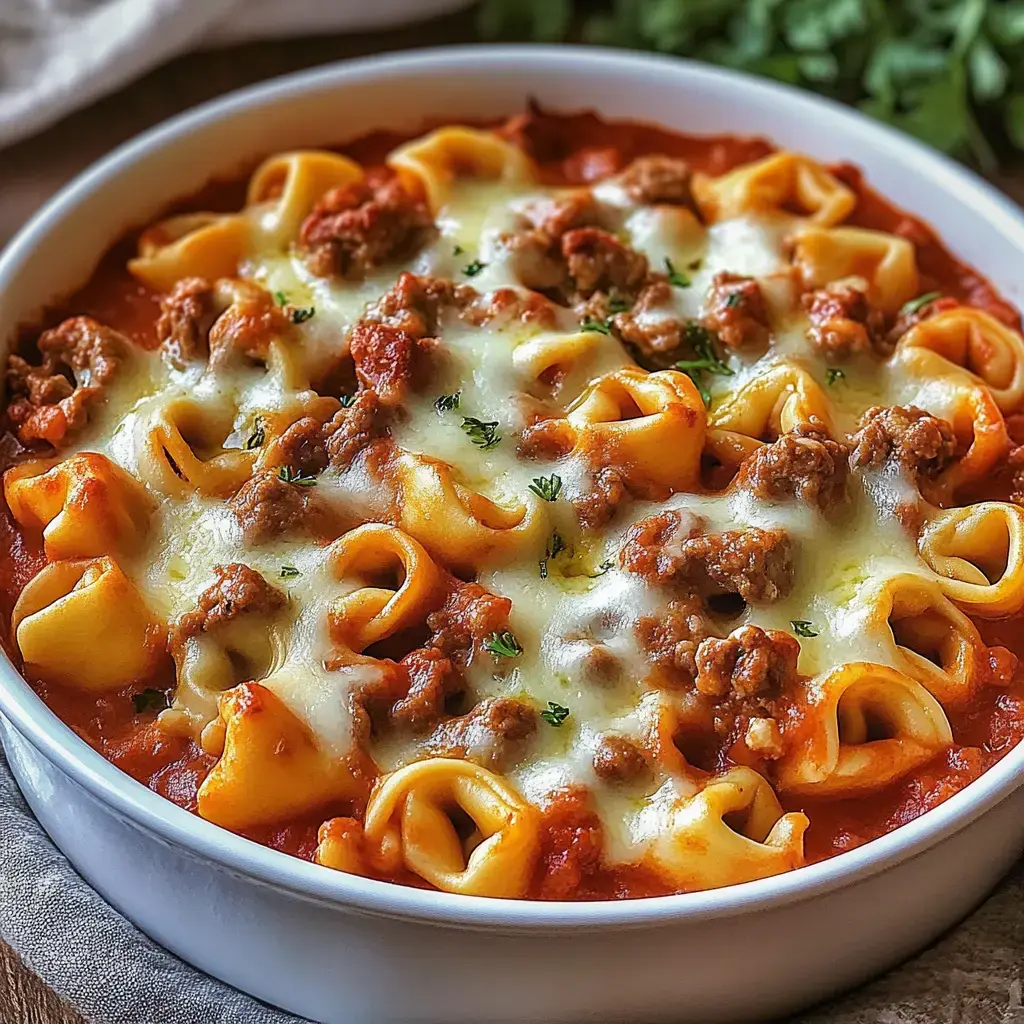 Un plato de pasta al horno con tortellinis, carne molida, queso derretido y hierbas en salsa de tomate.