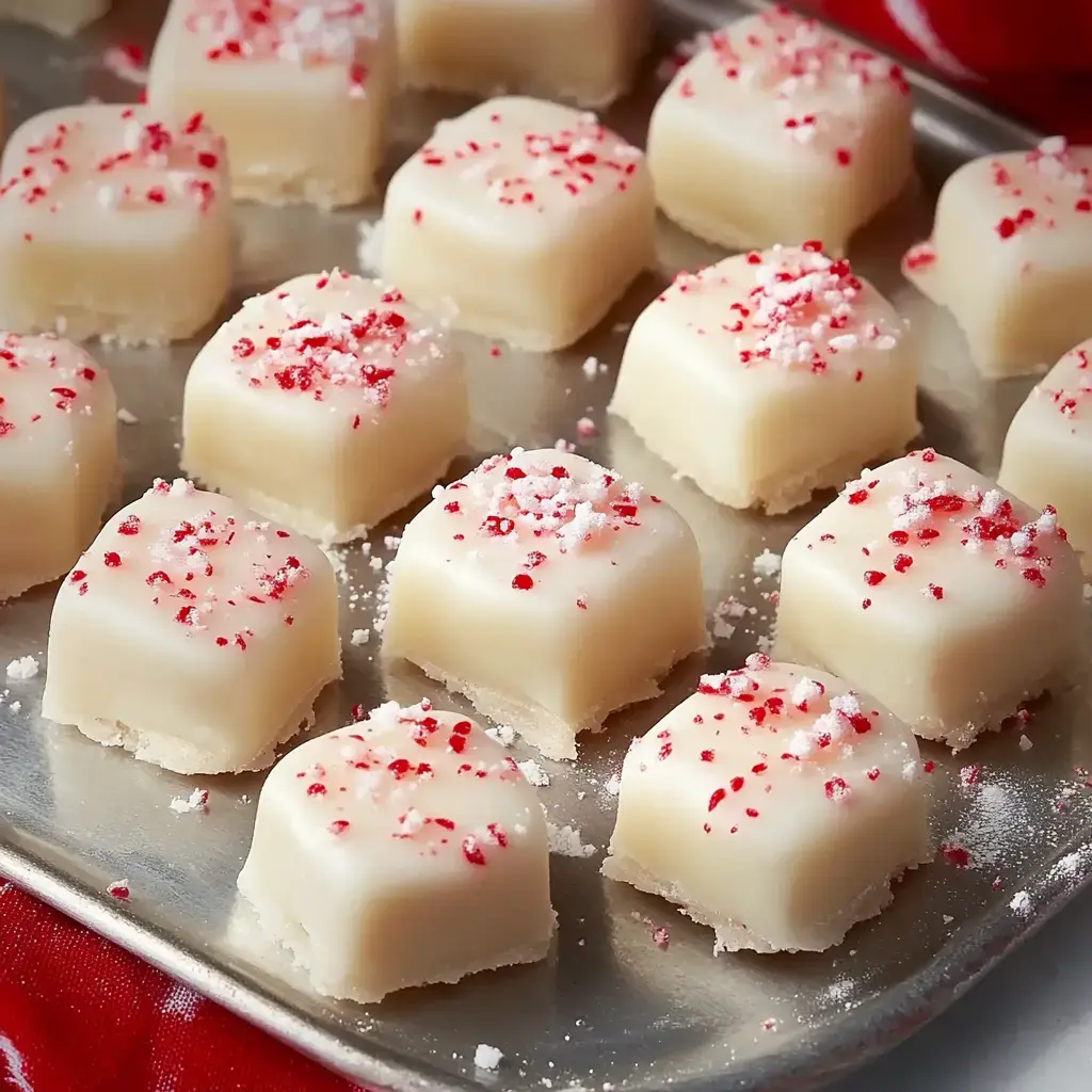 Bandeja de caramelos cuadrados de menta con decoraciones rojas.
