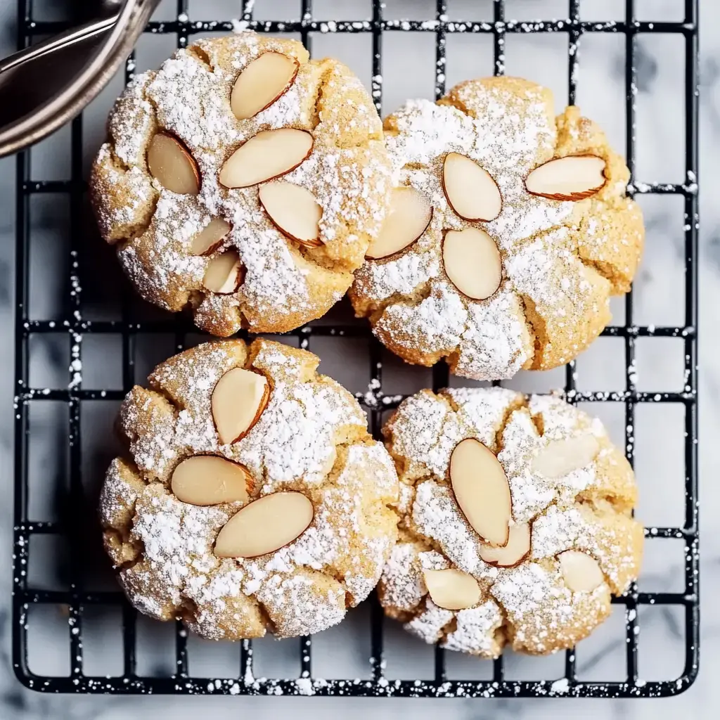 Cuatro galletas con almendras laminadas cubiertas de azúcar glass colocadas en una rejilla.
