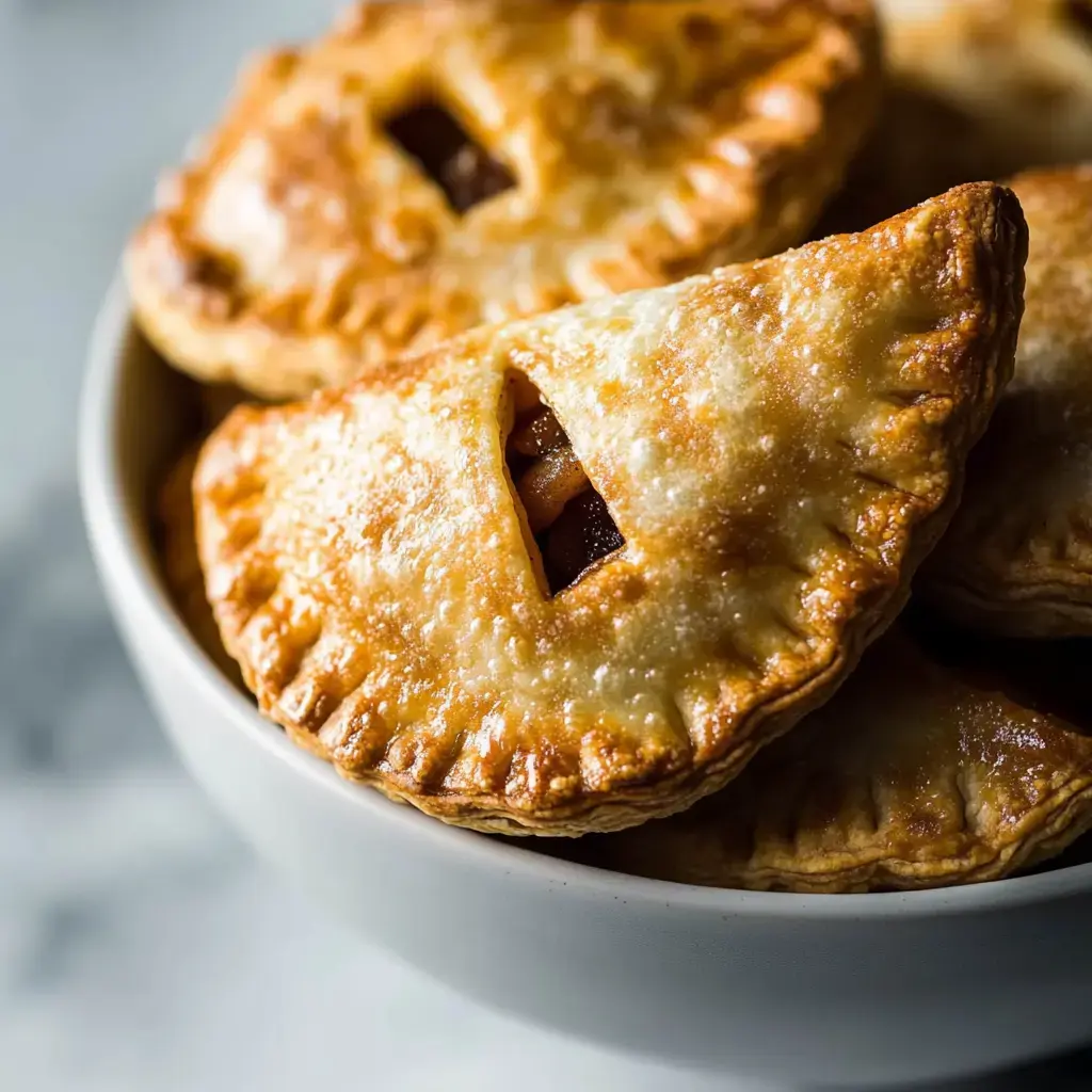 Un plato lleno de empanadas doradas recién horneadas, con una pequeña abertura que muestra un dulce relleno.