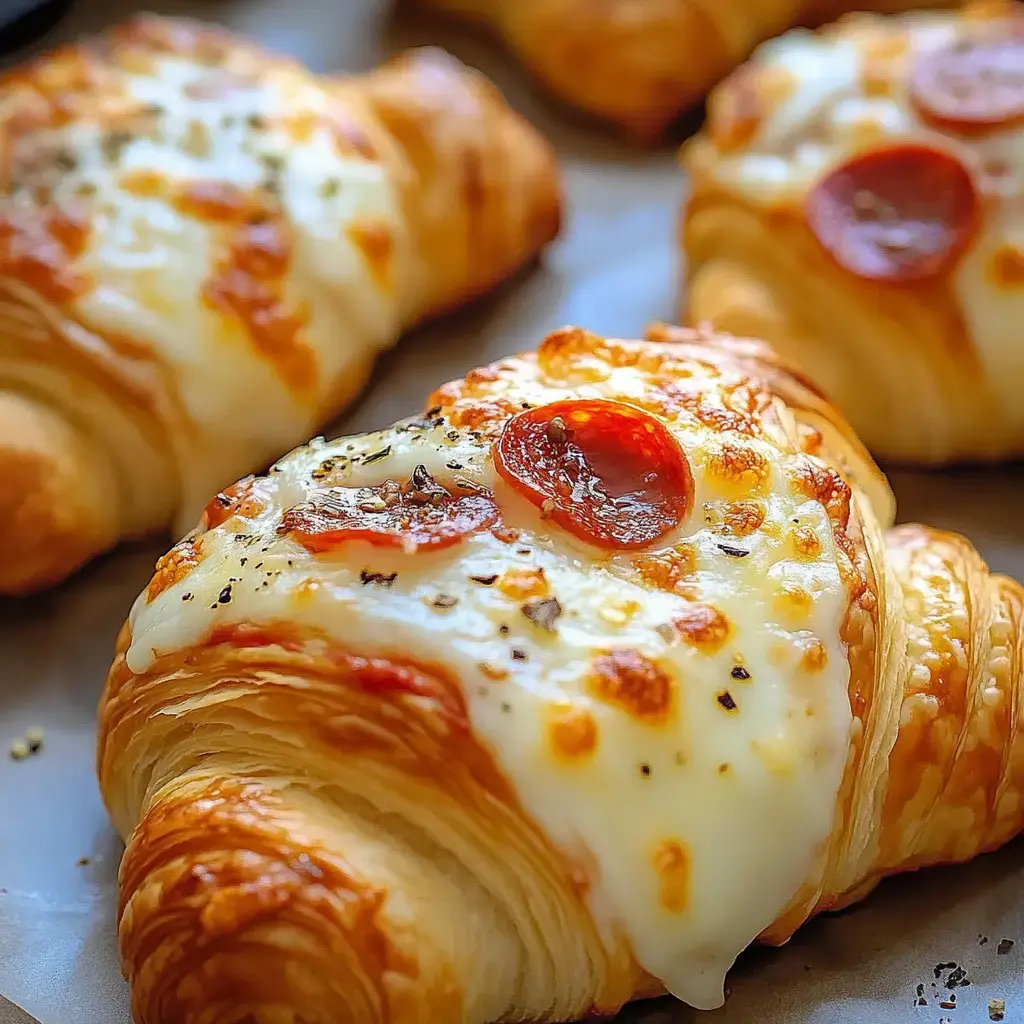 Croissants dorados con queso derretido, rodajas de pepperoni y hierbas encima.