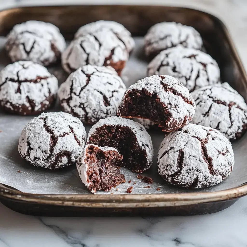 Una bandeja de galletas de chocolate cubiertas de azúcar glas, algunas completas y una con un mordisco.