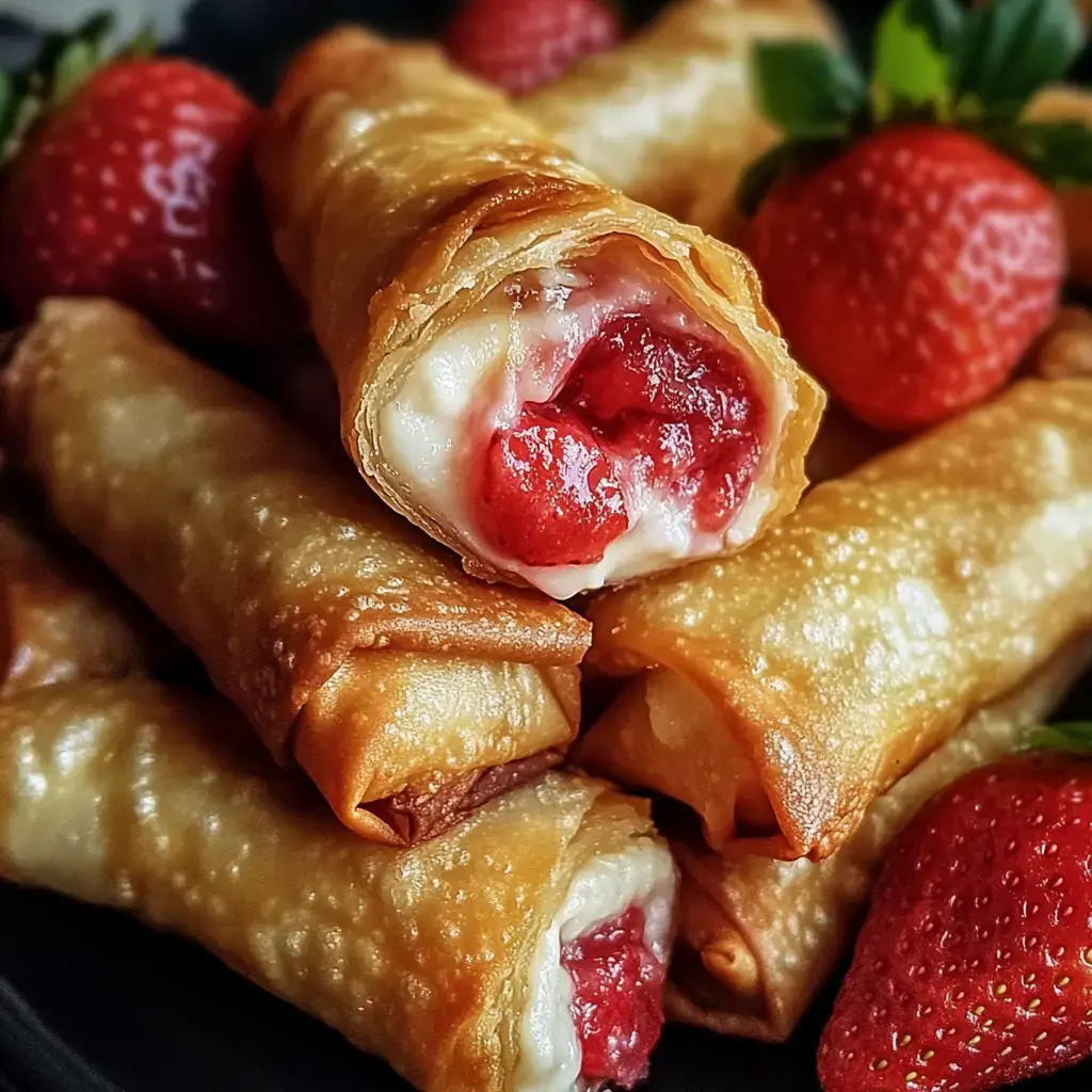 Un primer plano de rollitos crujientes rellenos de fresas y crema, rodeados de fresas frescas.