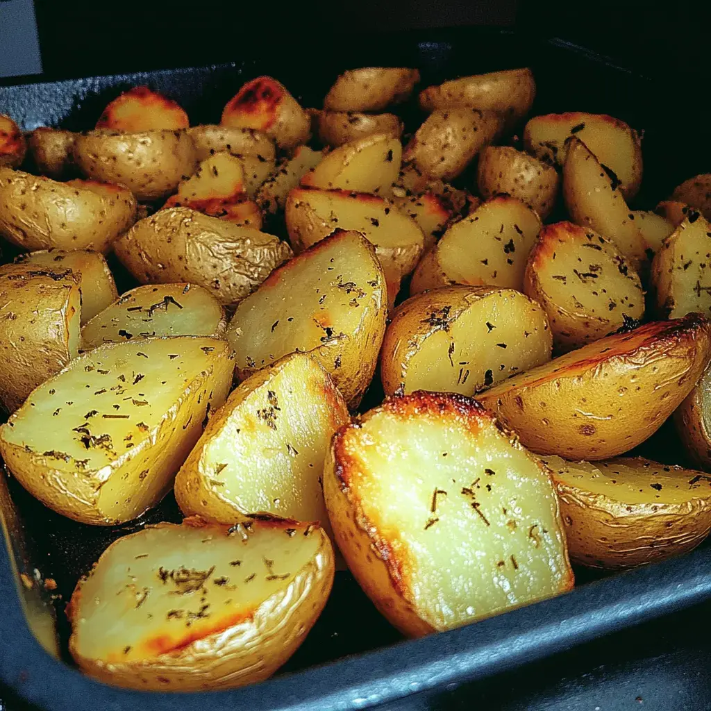 Plan cercano de papas doradas al horno, sazonadas con hierbas en una bandeja.