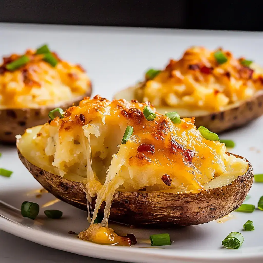 Tres mitades de papa horneadas cubiertas con queso derretido, cebollas verdes y una costra dorada, con una mostrando queso derretido saliendo.