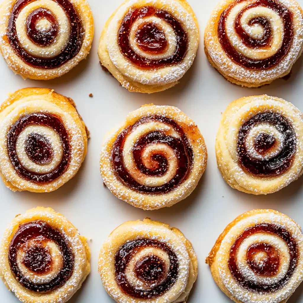 Un plato de deliciosas galletas en espiral con mermelada y azúcar glas.