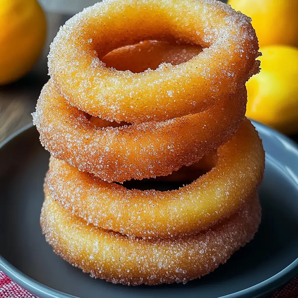 Un plato oscuro con cuatro aros de dona cubiertos de azúcar. Limones desenfocados al fondo.